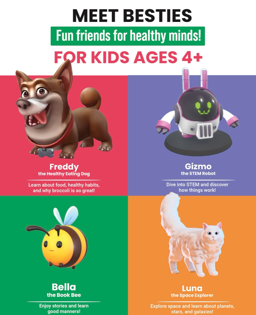 Besties characters Freddy, Gizmo, Bella, and Luna